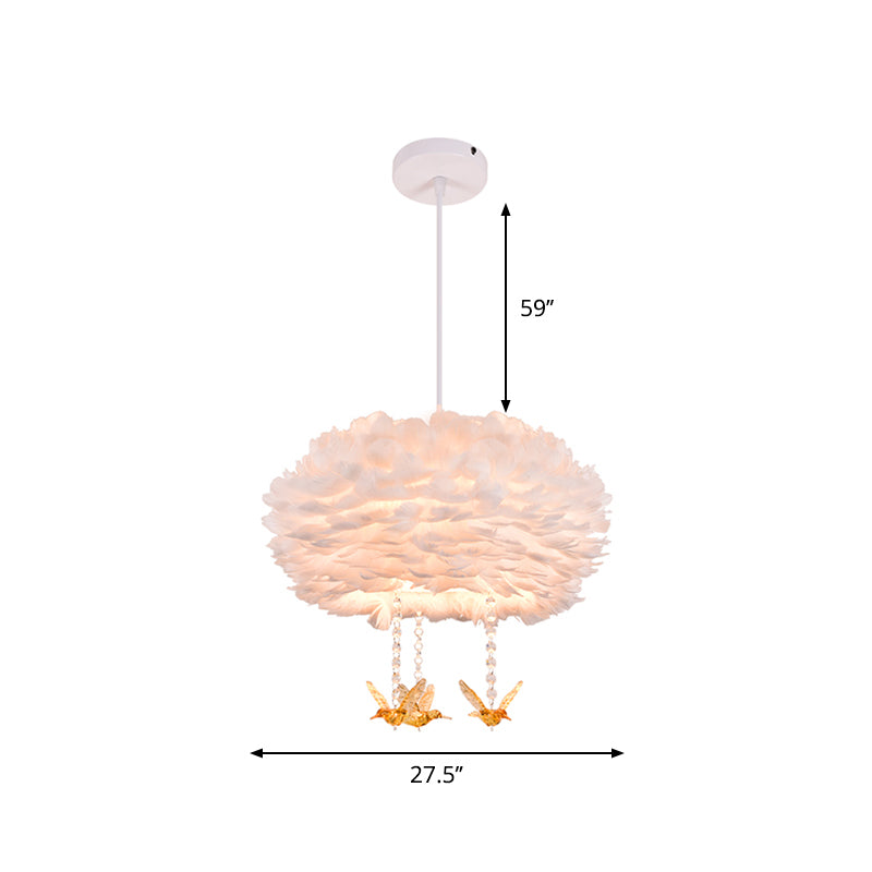 Lustre suspendu à 5 lumières en forme de tambour en plumes nordique avec décoration d'oiseau - Blanc, largeur 16"/23,5"/31,5"