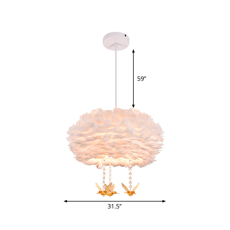 Lustre suspendu à 5 lumières en forme de tambour en plumes nordique avec décoration d'oiseau - Blanc, largeur 16"/23,5"/31,5"