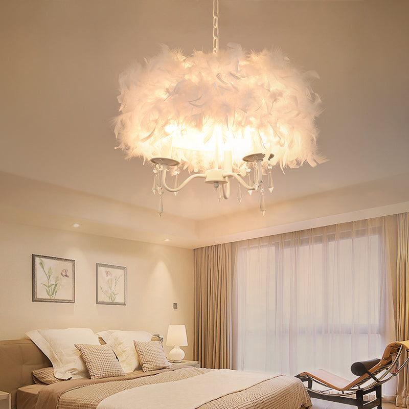 Luminaire suspendu moderne en plumes avec accent en cristal - Lustre candélabre blanc/chrome (3/5 lumières)
