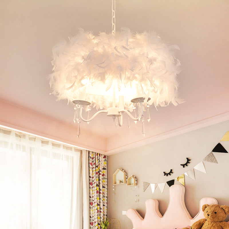 Luminaire suspendu moderne en plumes avec accent en cristal - Lustre candélabre blanc/chrome (3/5 lumières)