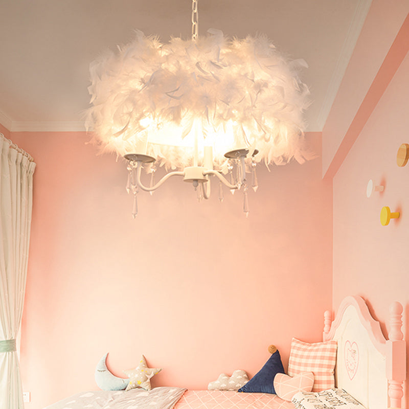 Luminaire suspendu moderne en plumes avec accent en cristal - Lustre candélabre blanc/chrome (3/5 lumières)