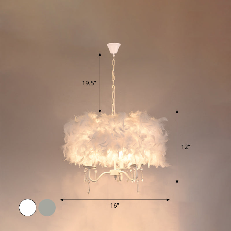 Luminaire suspendu moderne en plumes avec accent en cristal - Lustre candélabre blanc/chrome (3/5 lumières)