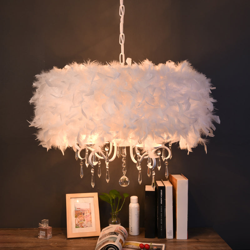 Luminaire suspendu moderne en plumes avec accent en cristal - Lustre candélabre blanc/chrome (3/5 lumières)