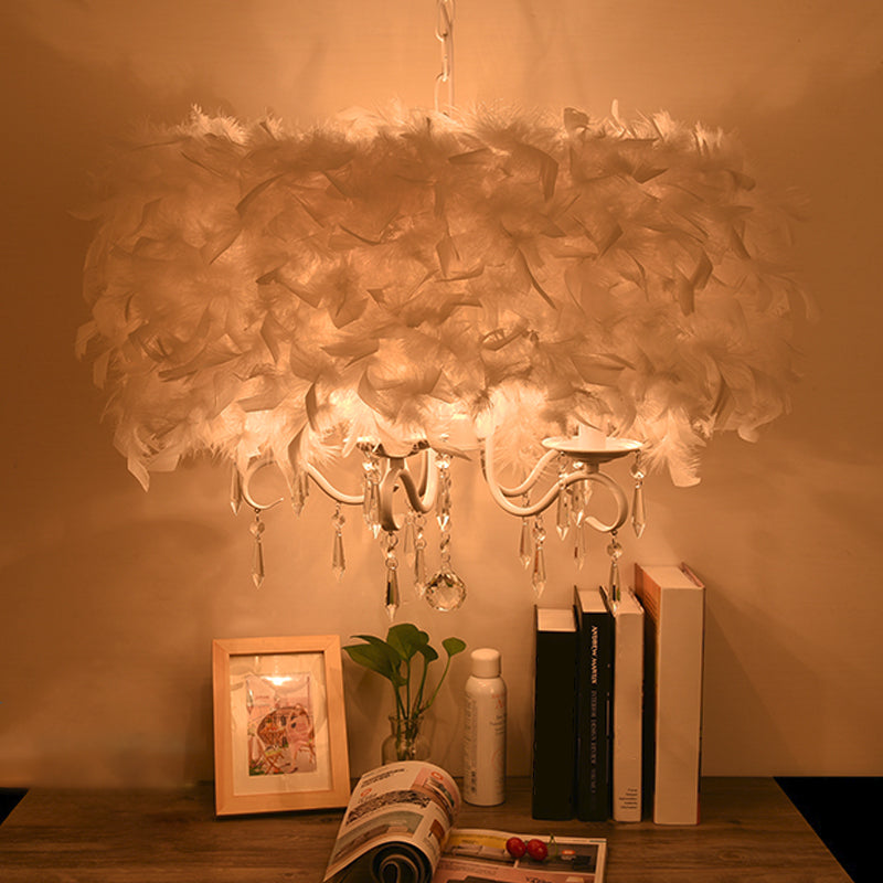 Luminaire suspendu moderne en plumes avec accent en cristal - Lustre candélabre blanc/chrome (3/5 lumières)