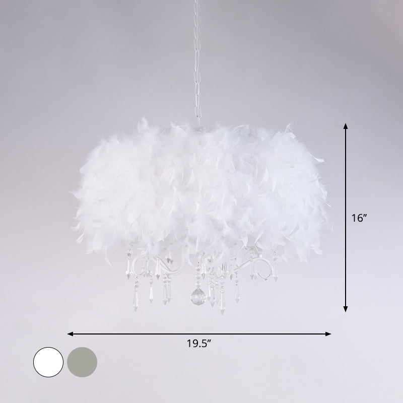 Luminaire suspendu moderne en plumes avec accent en cristal - Lustre candélabre blanc/chrome (3/5 lumières)