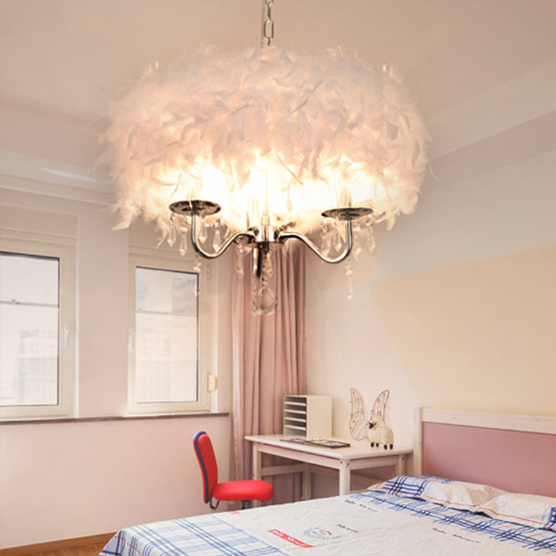 Luminaire suspendu moderne en plumes avec accent en cristal - Lustre candélabre blanc/chrome (3/5 lumières)