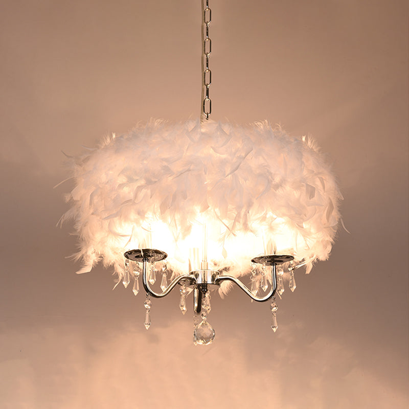 Luminaire suspendu moderne en plumes avec accent en cristal - Lustre candélabre blanc/chrome (3/5 lumières)
