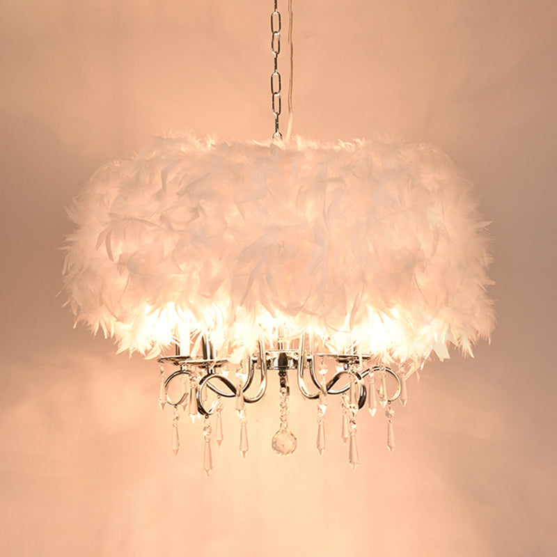 Luminaire suspendu moderne en plumes avec accent en cristal - Lustre candélabre blanc/chrome (3/5 lumières)