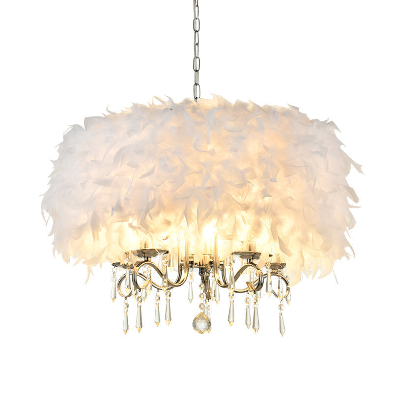 Luminaire suspendu moderne en plumes avec accent en cristal - Lustre candélabre blanc/chrome (3/5 lumières)