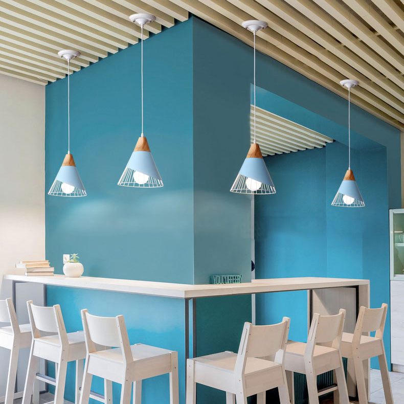 Modern Cone Pendant Light With Aluminum And Wood Design - Black/Blue Ideal For Dining Table