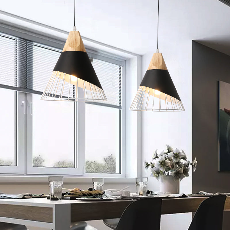 Modern Cone Pendant Light - Aluminum & Wood - Black/Blue - Ideal for Dining Table
