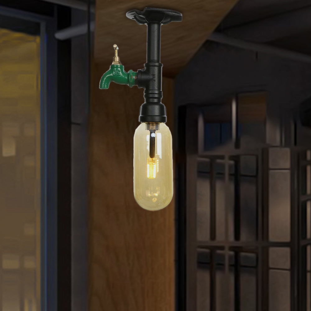 Plafonnier industriel en verre ambré noir avec abat-jour en capsule et design tubulaire - Montage au plafond