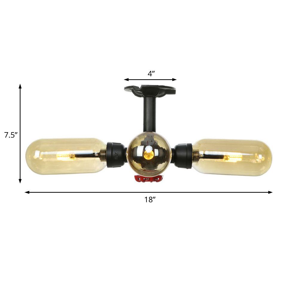 Rustic Amber Glass Ceiling Light with Semi-Flush Design - 4/5/6 Bulbs, Matte Black Finish, and Pipe Detail - Perfect for Kitchen and Home Decor