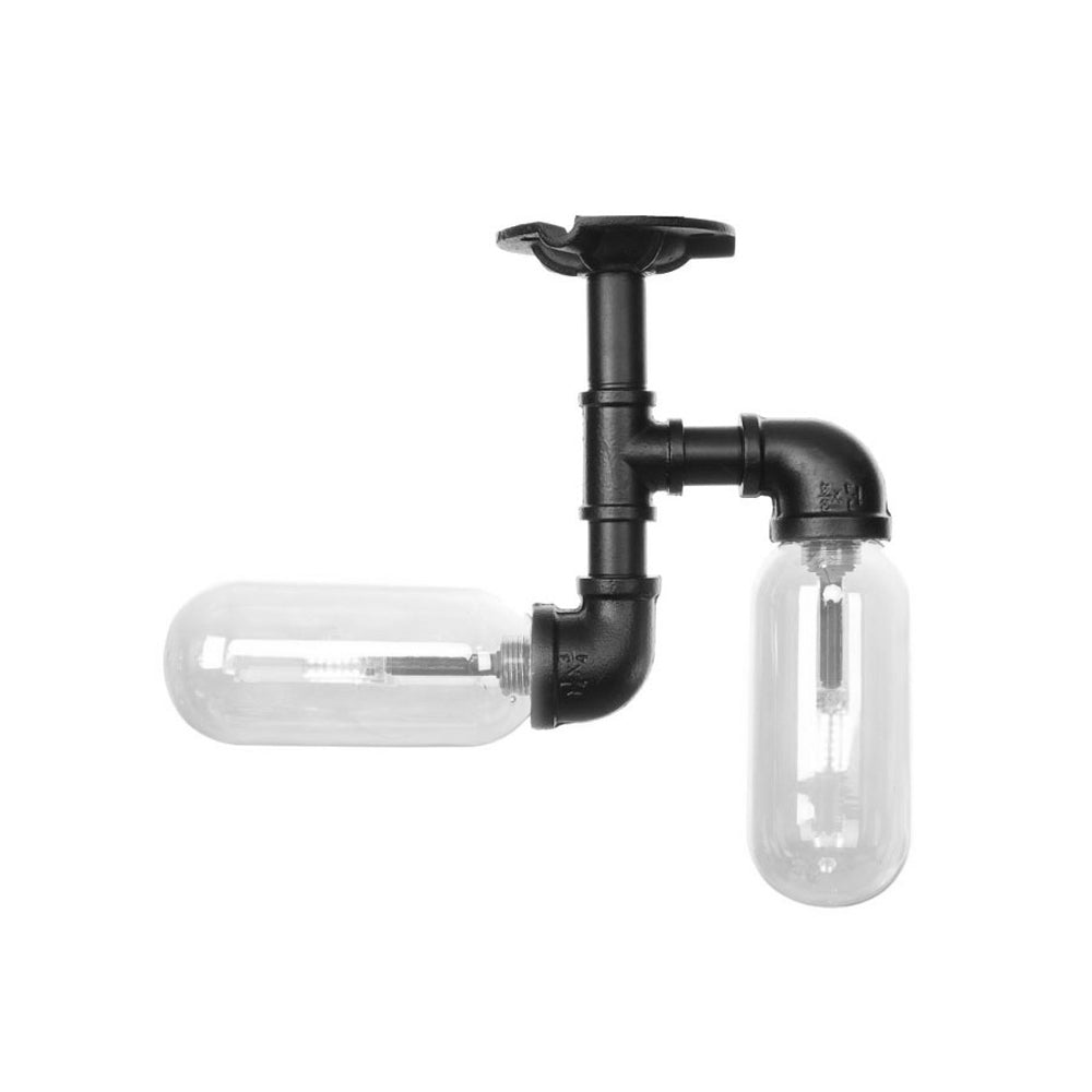 Plafonnier semi-monté noir mat vintage avec abat-jour en verre transparent - Design capsule à 2 lumières