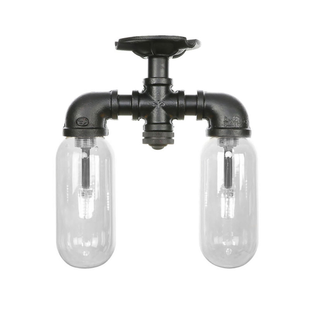 Plafonnier semi-monté noir mat vintage avec abat-jour en verre transparent - Design capsule à 2 lumières