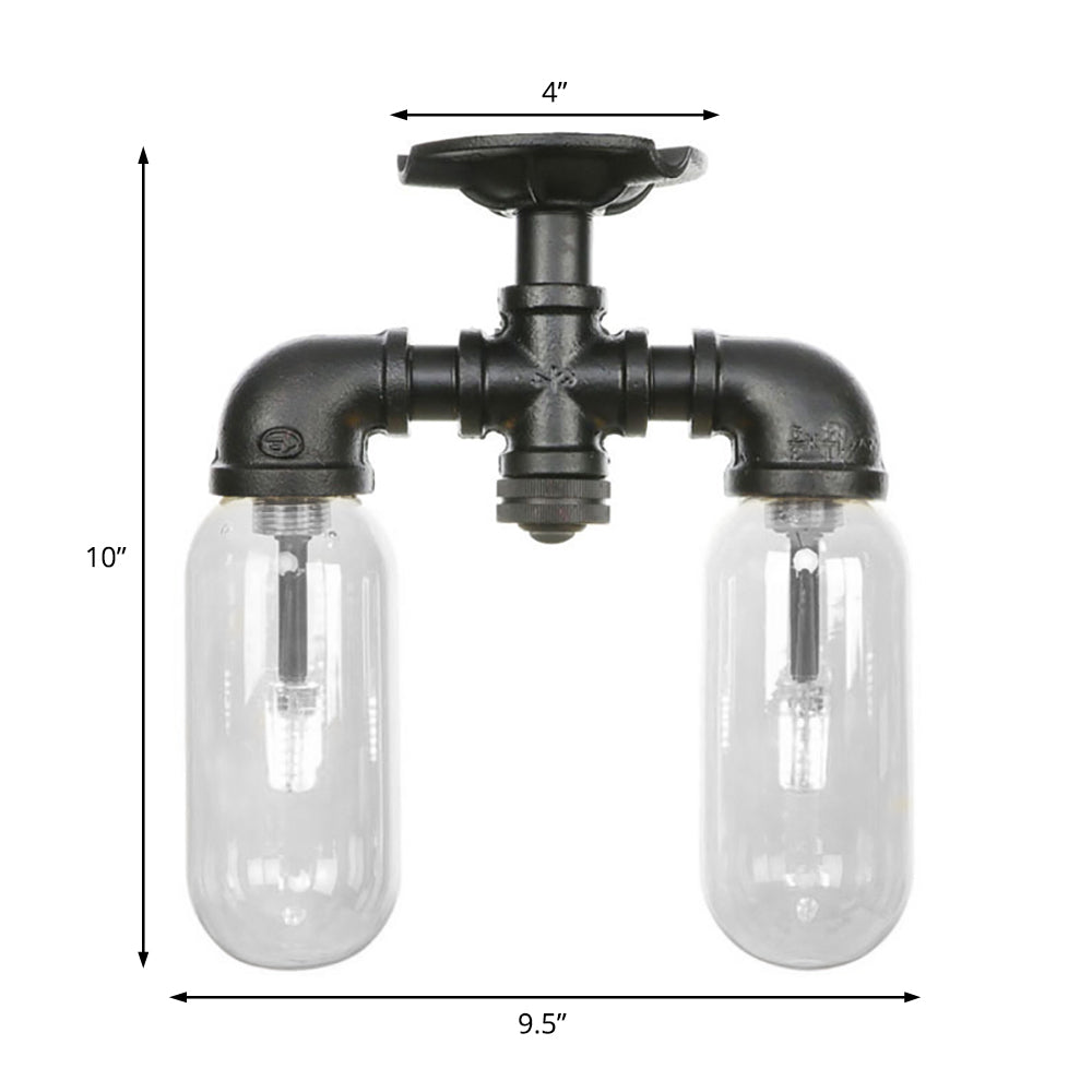 Plafonnier semi-monté noir mat vintage avec abat-jour en verre transparent - Design capsule à 2 lumières
