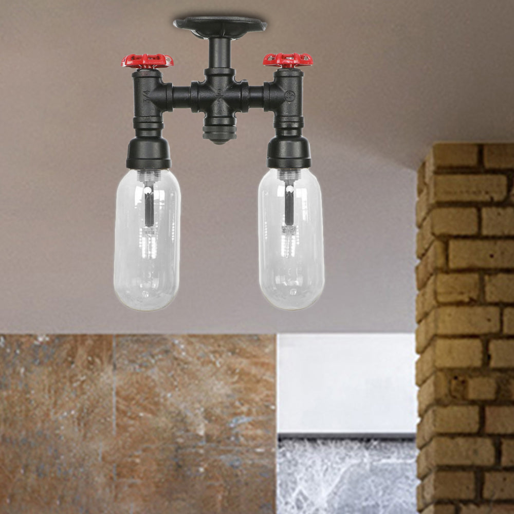 Vintage Matte Black Semi Mount Ceiling Light With Clear Glass Shades - 2-Light Capsule Design