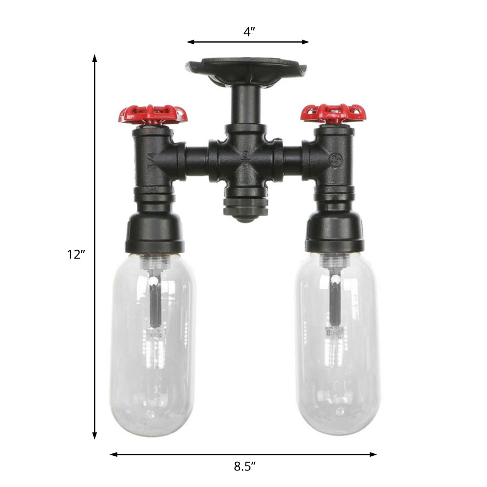 Plafonnier semi-monté noir mat vintage avec abat-jour en verre transparent - Design capsule à 2 lumières