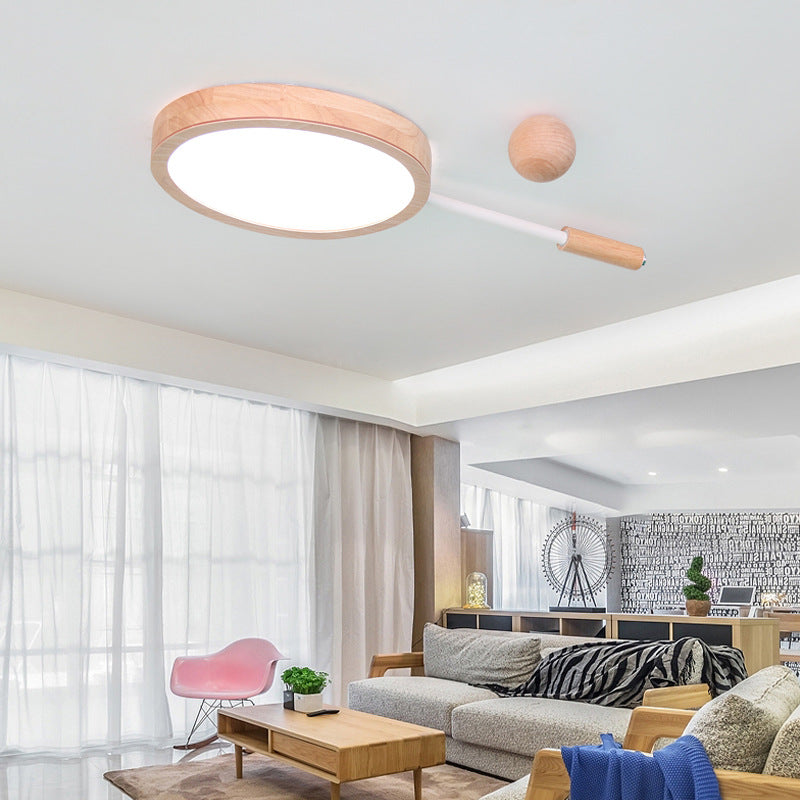Kindergarten Flush Mount LED Ceiling Light - Creative Tennis Shape, Acrylic & Wood, Beige