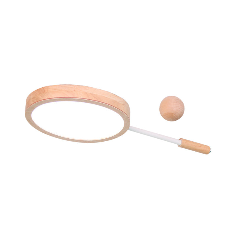 Kindergarten Flush Mount LED Ceiling Light - Creative Tennis Shape, Acrylic & Wood, Beige