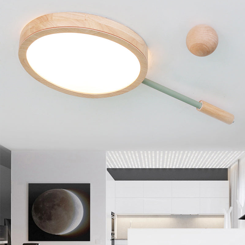 Kindergarten Flush Mount LED Ceiling Light - Creative Tennis Shape, Acrylic & Wood, Beige