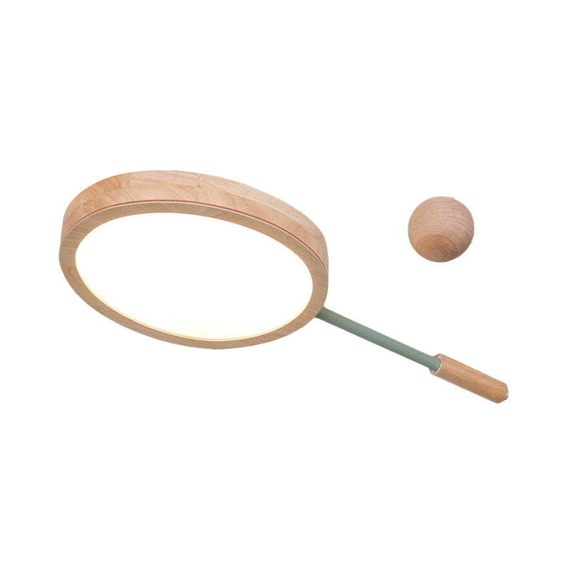 Kindergarten Flush Mount LED Ceiling Light - Creative Tennis Shape, Acrylic & Wood, Beige