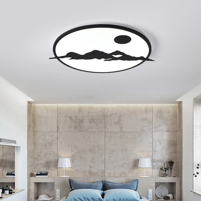 Black LED Ceiling Lamp: Creative Sun Mountain Acrylic Flush Light for Living Room & Office