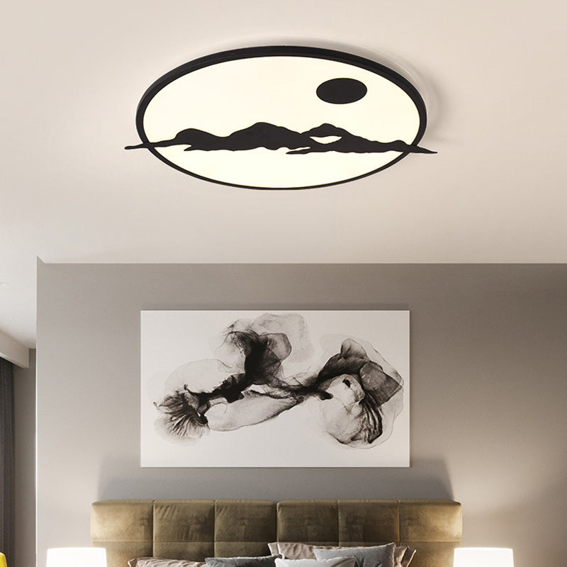 Black LED Ceiling Lamp: Creative Sun Mountain Acrylic Flush Light for Living Room & Office