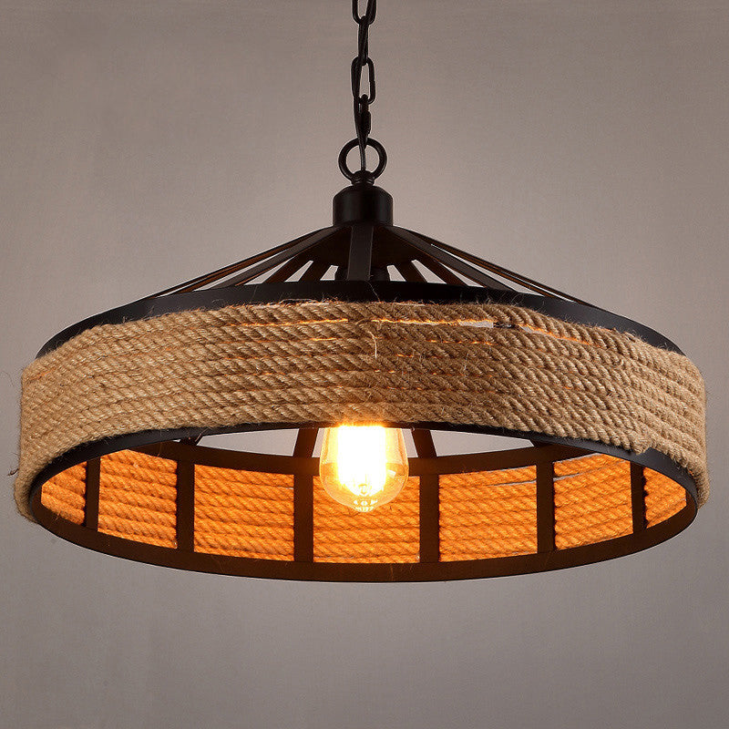 Metal Barn Hanging Ceiling Light: Antiqued 1 Bulb Pendant with Jute Rope Drop, Black - Perfect for Restaurants