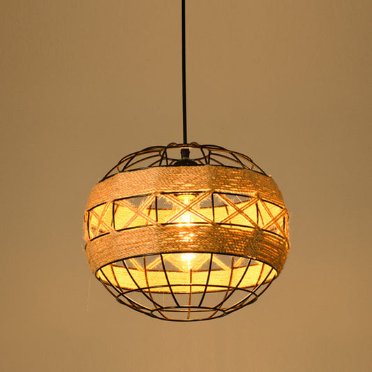 Industrial Dining Pendant Light with Beige Geometry Rope Shade