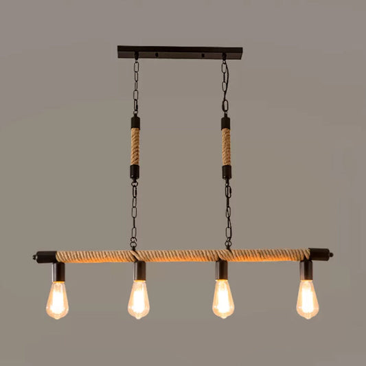 Beige Rope Island Light Fixture - Industrial Linear 4-Light Pendant With Bare Bulb Design