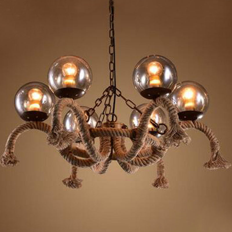 Lustre en corde de style ferme avec 6 abat-jours en verre fumé - Idéal pour les salles à manger