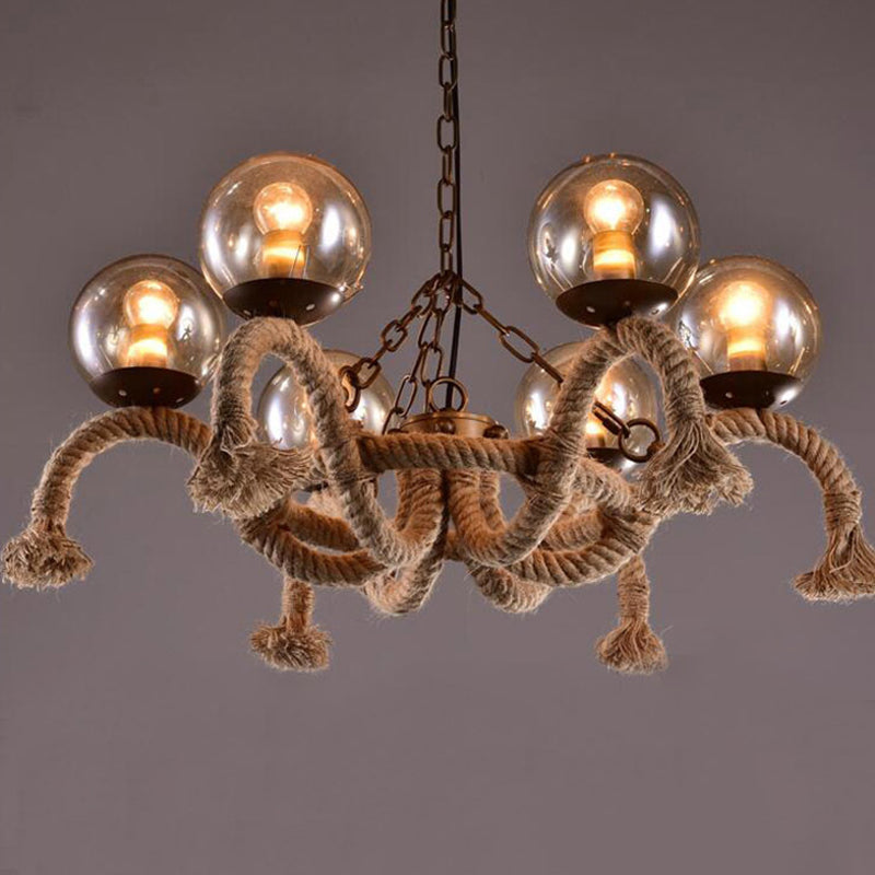 Lustre en corde de style ferme avec 6 abat-jours en verre fumé - Idéal pour les salles à manger