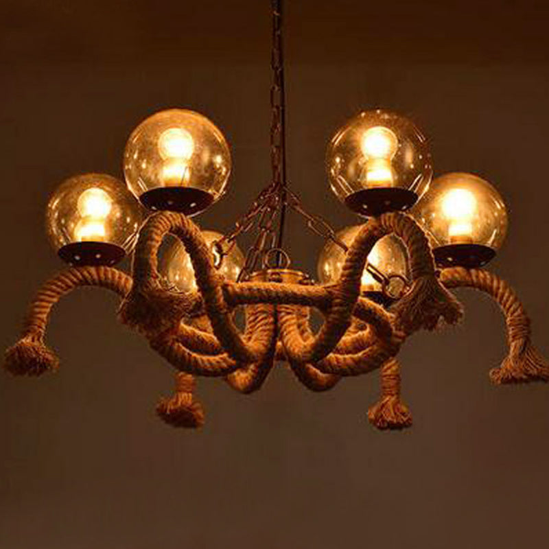 Lustre en corde de style ferme avec 6 abat-jours en verre fumé - Idéal pour les salles à manger
