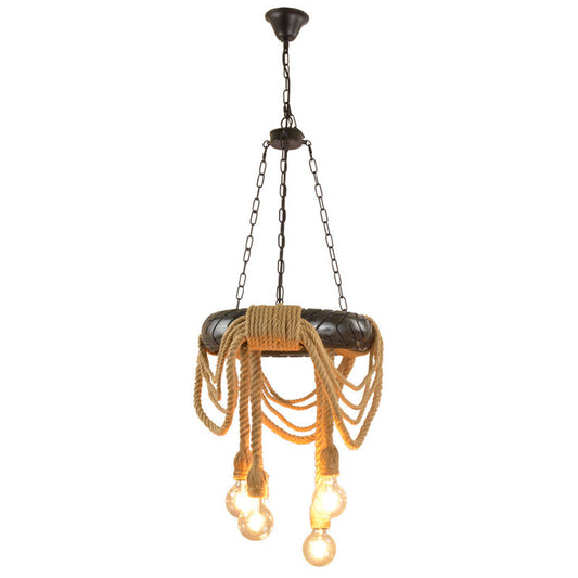 Farmhouse Beige 4-Head Chandelier with Rubber Tyre Pendant and Rope Cord