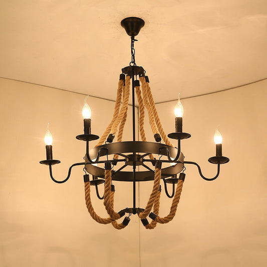 Factory Dining Room Chandelier: Wagon Wheel Metal Pendant Light Kit with Jute Rope in Black