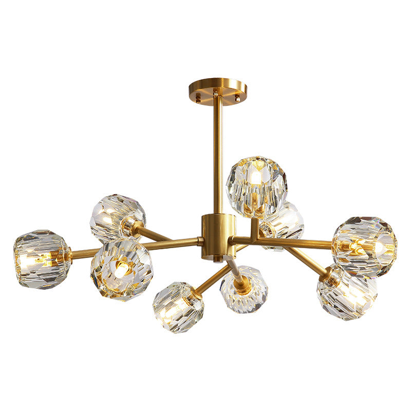 Lustre moderne en forme de boule de cristal biseautée - Luminaire de salon en laiton à 6/15/18 ampoules