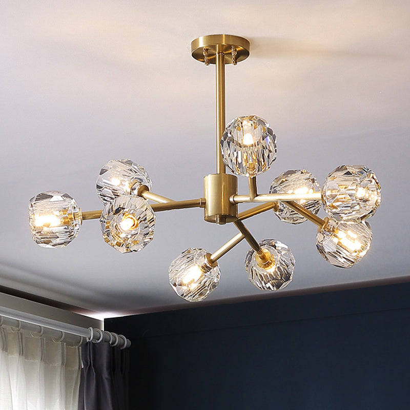 Lustre moderne en forme de boule de cristal biseautée - Luminaire de salon en laiton à 6/15/18 ampoules