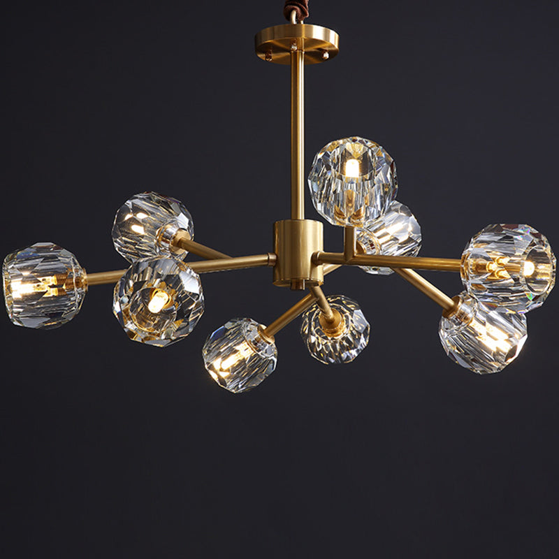 Lustre moderne en forme de boule de cristal biseautée - Luminaire de salon en laiton à 6/15/18 ampoules