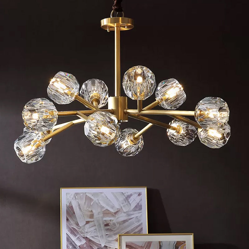 Lustre moderne en forme de boule de cristal biseautée - Luminaire de salon en laiton à 6/15/18 ampoules