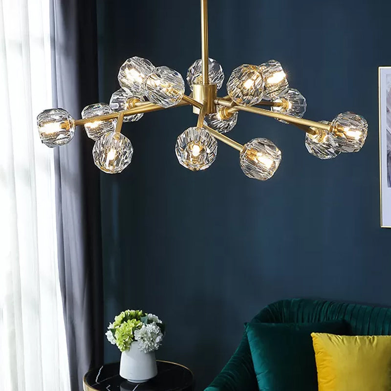 Lustre moderne en forme de boule de cristal biseautée - Luminaire de salon en laiton à 6/15/18 ampoules