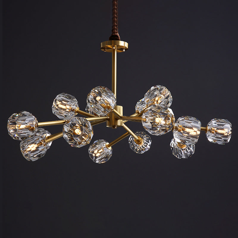 Lustre moderne en forme de boule de cristal biseautée - Luminaire de salon en laiton à 6/15/18 ampoules