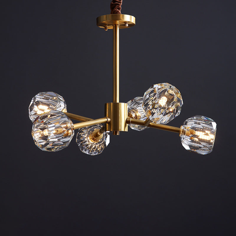 Lustre moderne en forme de boule de cristal biseautée - Luminaire de salon en laiton à 6/15/18 ampoules