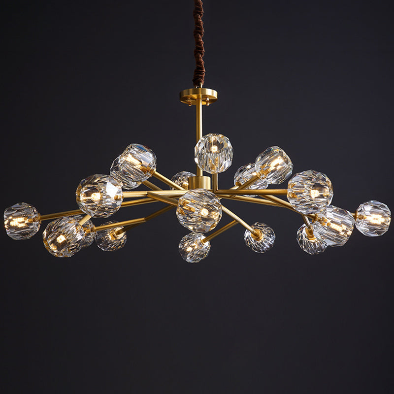 Lustre moderne en forme de boule de cristal biseautée - Luminaire de salon en laiton à 6/15/18 ampoules