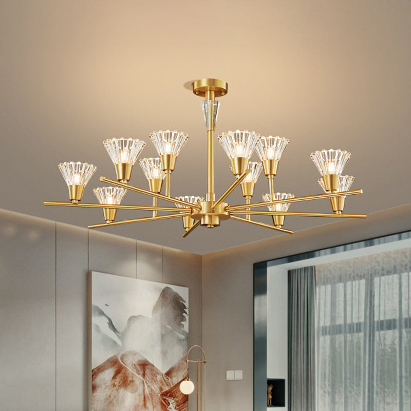 Lustre suspendu moderne en verre transparent avec motif floral en laiton - 6/8/12 têtes pour le salon