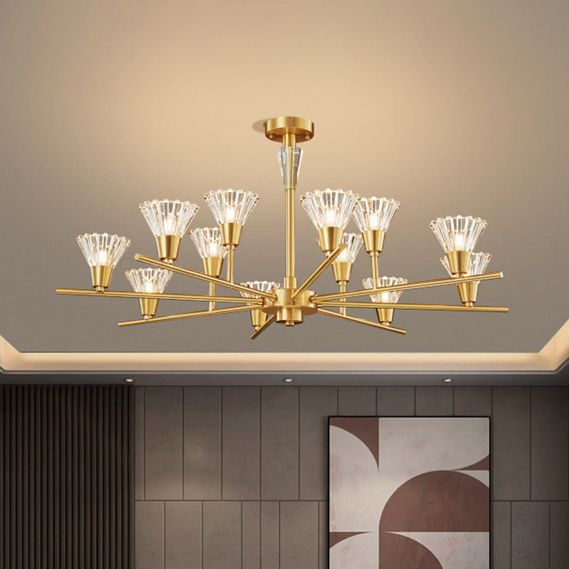 Lustre suspendu moderne en verre transparent avec motif floral en laiton - 6/8/12 têtes pour le salon