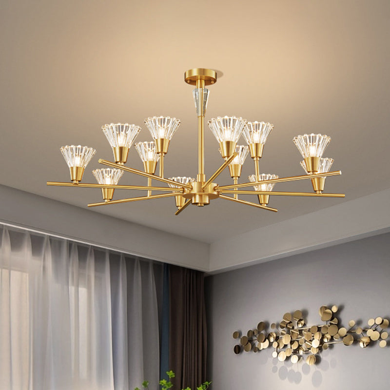 Lustre suspendu moderne en verre transparent avec motif floral en laiton - 6/8/12 têtes pour le salon
