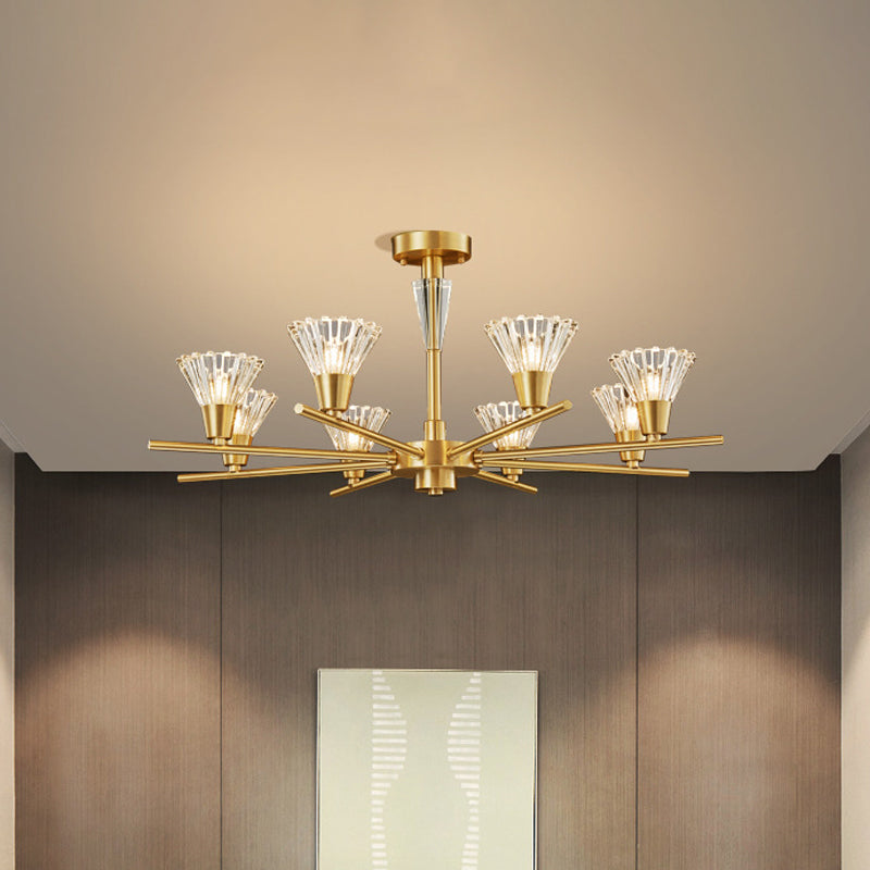 Lustre suspendu moderne en verre transparent avec motif floral en laiton - 6/8/12 têtes pour le salon