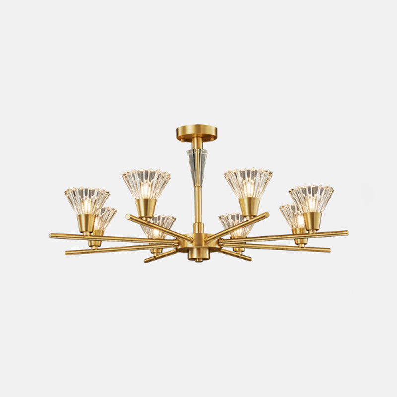 Lustre suspendu moderne en verre transparent avec motif floral en laiton - 6/8/12 têtes pour le salon
