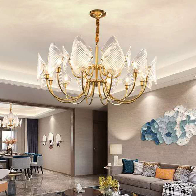Lustre de salon moderne en forme de losange - Élégante suspension en verre à 12/15/18 ampoules en laiton